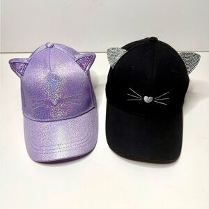 Two Cat Hats! Purple Sparkle Cap + Black and Silver Cap with Rhinestone Ears